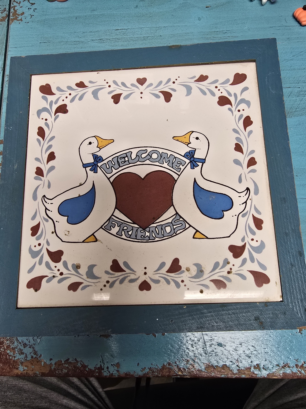 Welcome Friends Duck Tile Wall Art - Blue & White